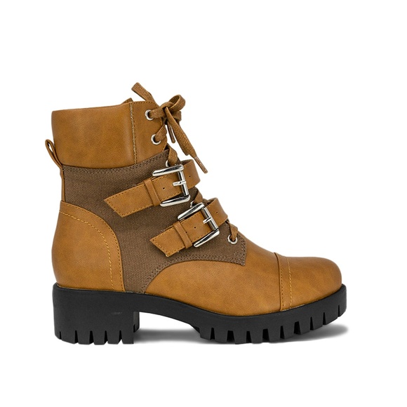 Women's Cognac Leather Ankle Combat Boots